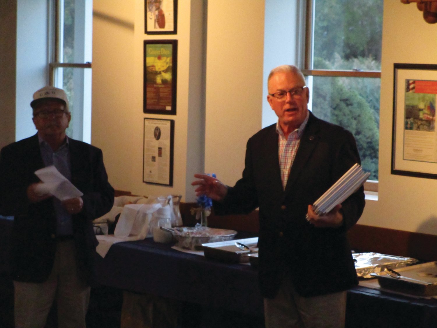 STATE’S GREETINGS:  State Rep. Joseph McNamara, at right, addresses those gathered for last week’s installation ceremony as past committee president and emcee Mark Russell looks on.